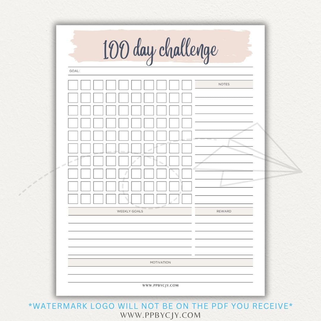 100-Day Challenge Printable PDF Template with sections for daily tracking, reflections, and milestones.