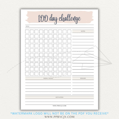 100-Day Challenge Printable PDF Template with sections for daily tracking, reflections, and milestones.