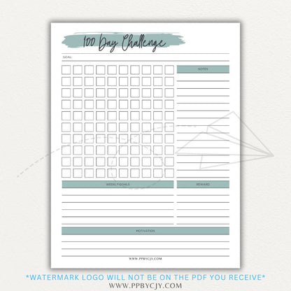 100-Day Challenge Printable PDF Template with sections for daily tracking, reflections, and milestones.