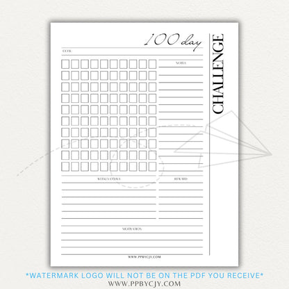 100-Day Challenge Printable PDF Template with sections for daily tracking, reflections, and milestones.