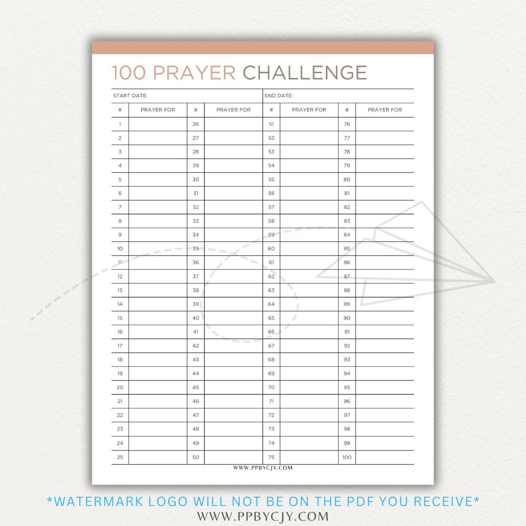 100 Prayer Challenge Printable PDF Template with sections for prayer topics, reflections, and answered prayers, displayed on a wooden desk with a Bible and a cup of tea.