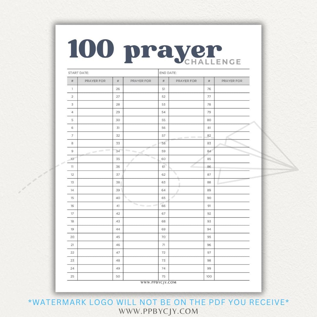 100 Prayer Challenge Printable PDF Template with sections for prayer topics, reflections, and answered prayers, displayed on a wooden desk with a Bible and a cup of tea.