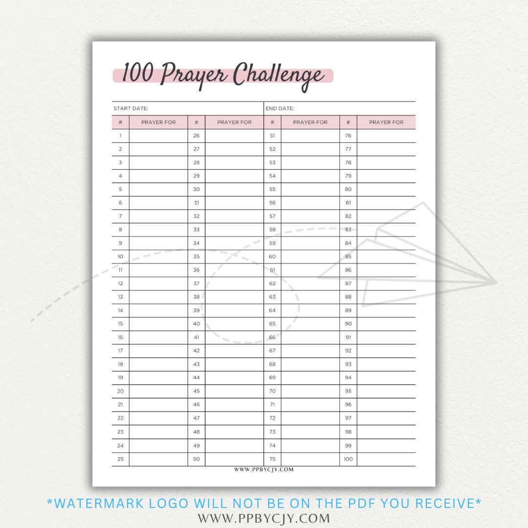 100 Prayer Challenge Printable PDF Template with sections for prayer topics, reflections, and answered prayers, displayed on a wooden desk with a Bible and a cup of tea.