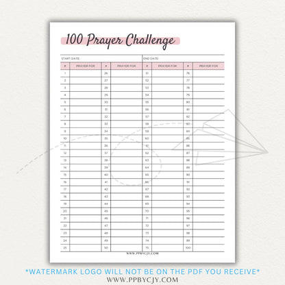 100 Prayer Challenge Printable PDF Template with sections for prayer topics, reflections, and answered prayers, displayed on a wooden desk with a Bible and a cup of tea.