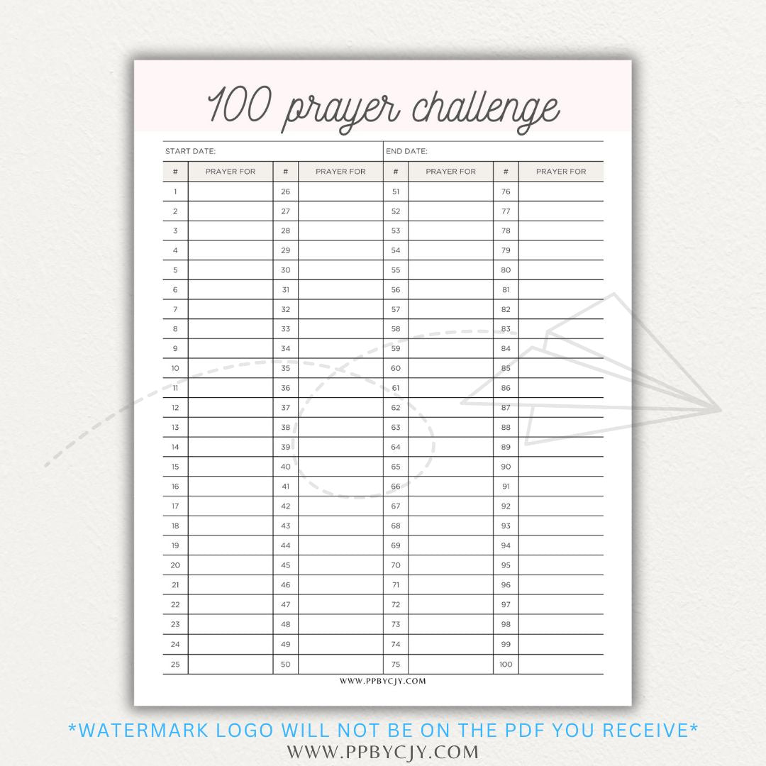 100 Prayer Challenge Printable PDF Template with sections for prayer topics, reflections, and answered prayers, displayed on a wooden desk with a Bible and a cup of tea.