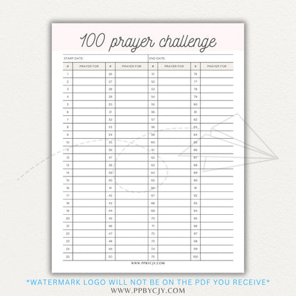 100 Prayer Challenge Printable PDF Template with sections for prayer topics, reflections, and answered prayers, displayed on a wooden desk with a Bible and a cup of tea.