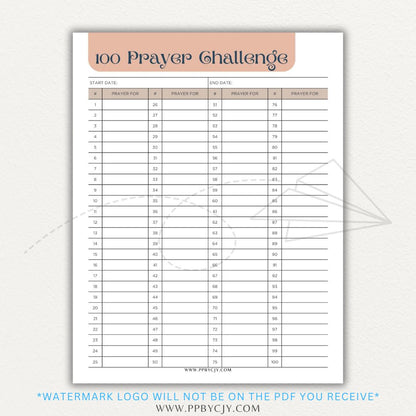 100 Prayer Challenge Printable PDF Template with sections for prayer topics, reflections, and answered prayers, displayed on a wooden desk with a Bible and a cup of tea.