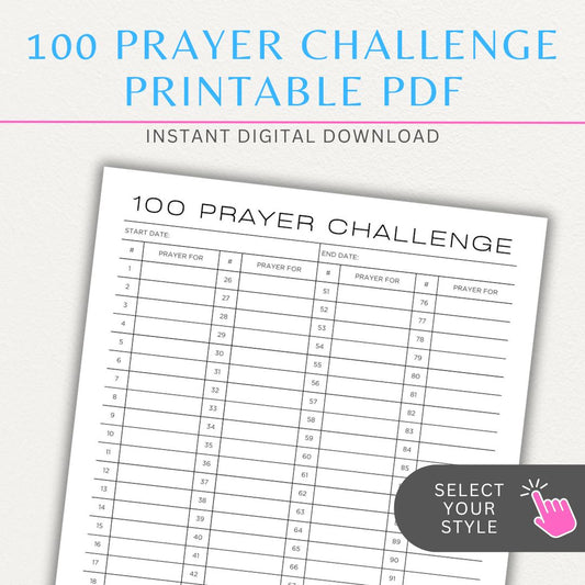 100 Prayer Challenge Printable PDF Template with sections for prayer topics, reflections, and answered prayers, displayed on a wooden desk with a Bible and a cup of tea.