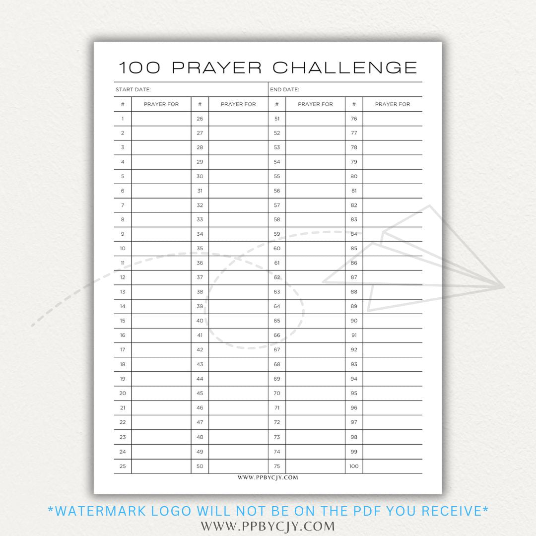 100 Prayer Challenge Printable PDF Template with sections for prayer topics, reflections, and answered prayers, displayed on a wooden desk with a Bible and a cup of tea.