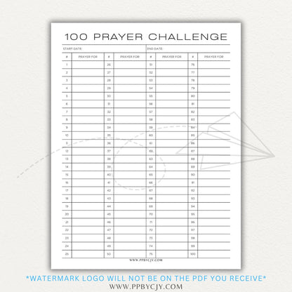 100 Prayer Challenge Printable PDF Template with sections for prayer topics, reflections, and answered prayers, displayed on a wooden desk with a Bible and a cup of tea.