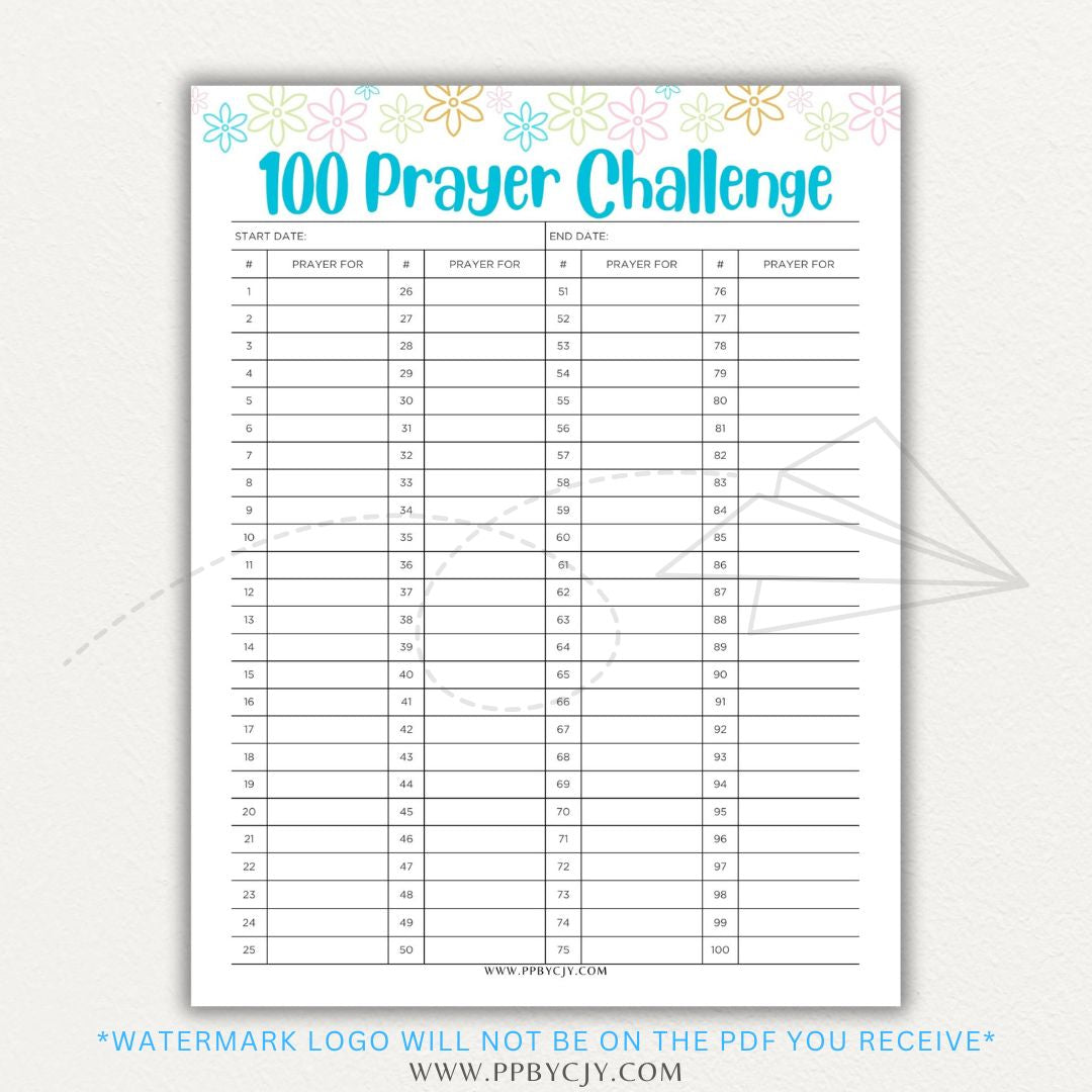 100 Prayer Challenge Printable PDF Template with sections for prayer topics, reflections, and answered prayers, displayed on a wooden desk with a Bible and a cup of tea.