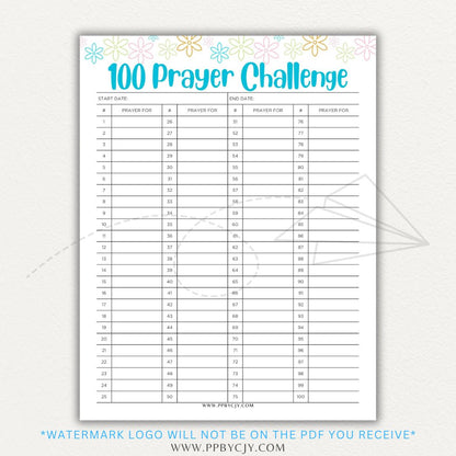 100 Prayer Challenge Printable PDF Template with sections for prayer topics, reflections, and answered prayers, displayed on a wooden desk with a Bible and a cup of tea.