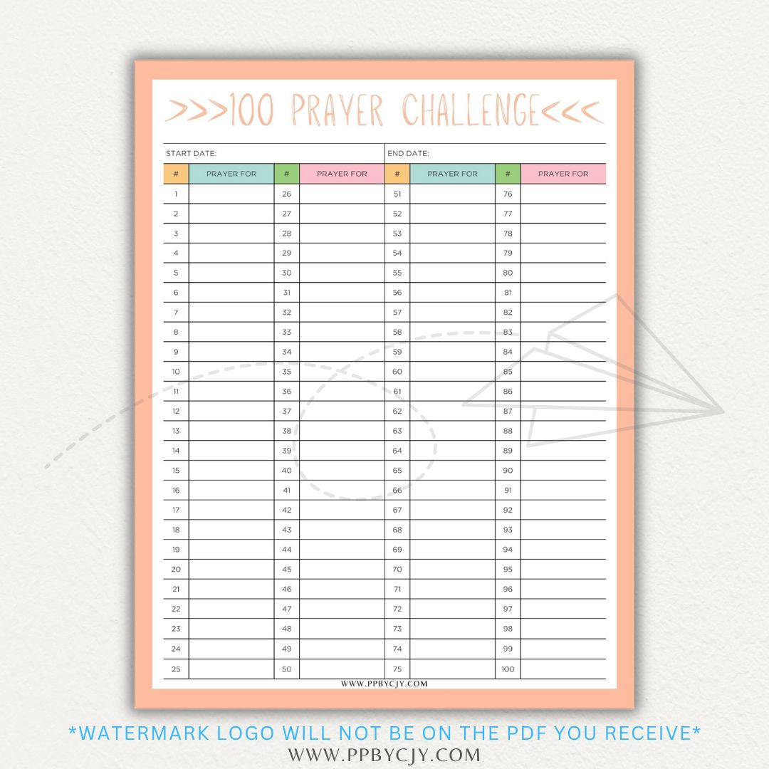 100 Prayer Challenge Printable PDF Template with sections for prayer topics, reflections, and answered prayers, displayed on a wooden desk with a Bible and a cup of tea.