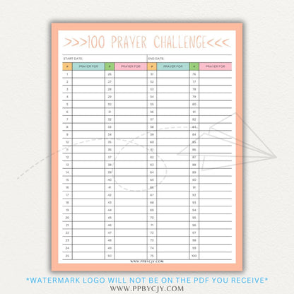 100 Prayer Challenge Printable PDF Template with sections for prayer topics, reflections, and answered prayers, displayed on a wooden desk with a Bible and a cup of tea.