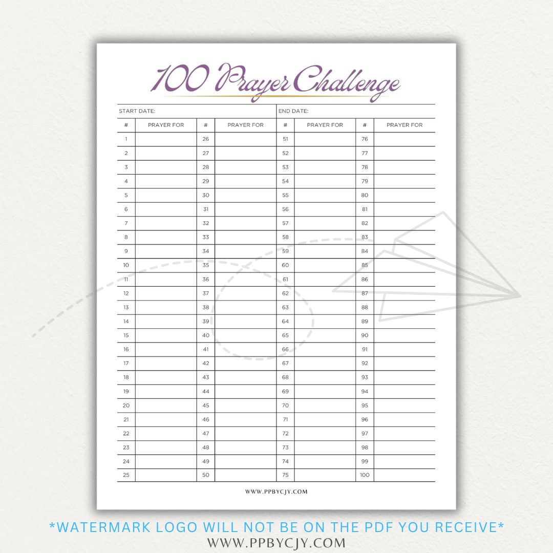 100 Prayer Challenge Printable PDF Template with sections for prayer topics, reflections, and answered prayers, displayed on a wooden desk with a Bible and a cup of tea.