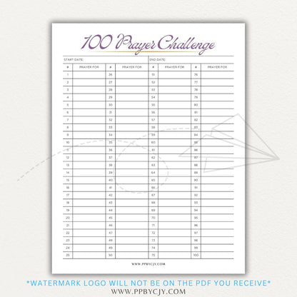 100 Prayer Challenge Printable PDF Template with sections for prayer topics, reflections, and answered prayers, displayed on a wooden desk with a Bible and a cup of tea.