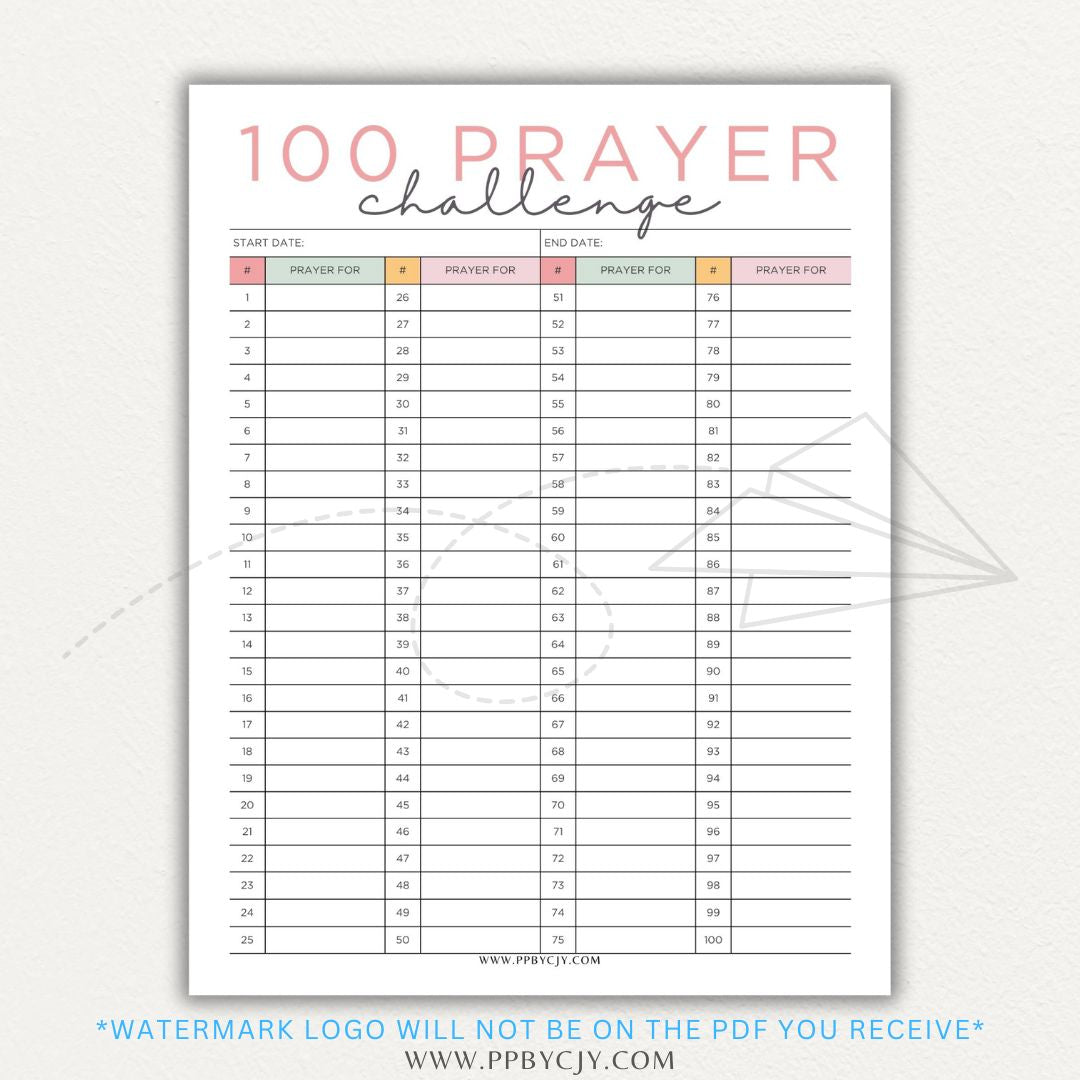 100 Prayer Challenge Printable PDF Template with sections for prayer topics, reflections, and answered prayers, displayed on a wooden desk with a Bible and a cup of tea.