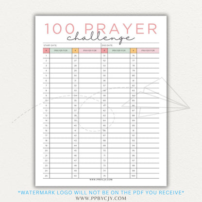 100 Prayer Challenge Printable PDF Template with sections for prayer topics, reflections, and answered prayers, displayed on a wooden desk with a Bible and a cup of tea.