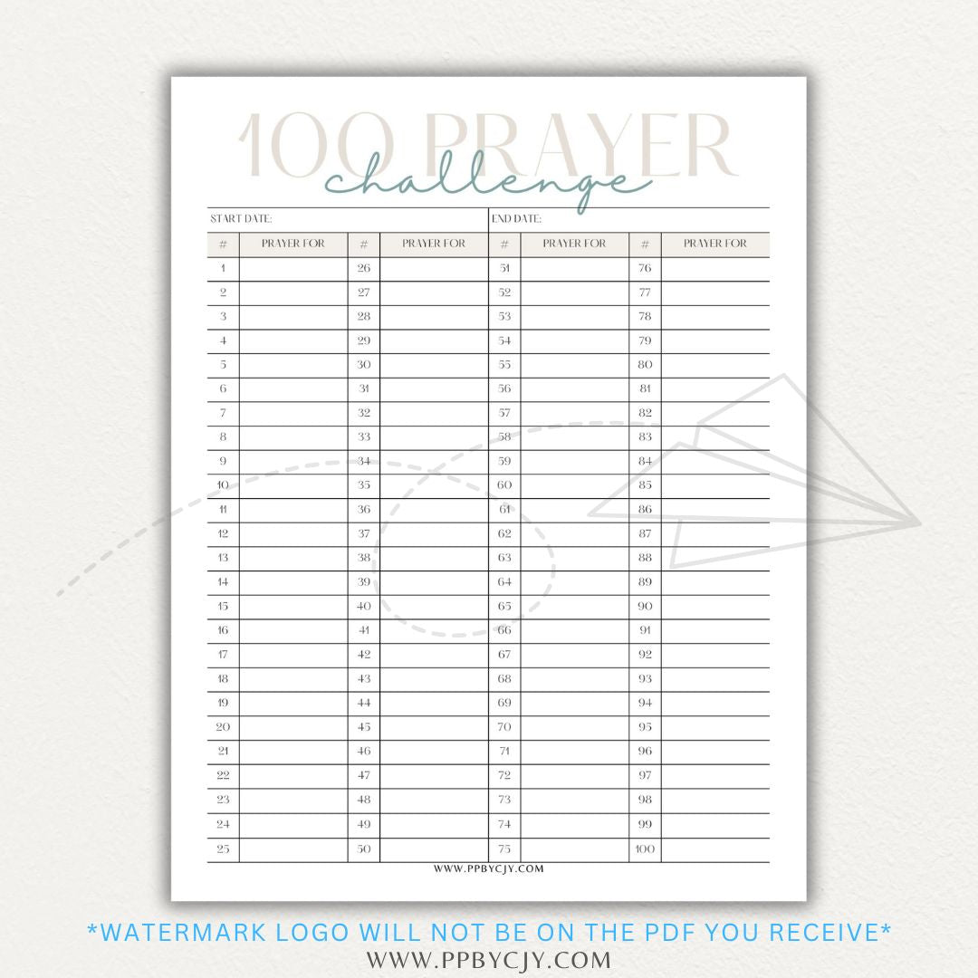 100 Prayer Challenge Printable PDF Template with sections for prayer topics, reflections, and answered prayers, displayed on a wooden desk with a Bible and a cup of tea.