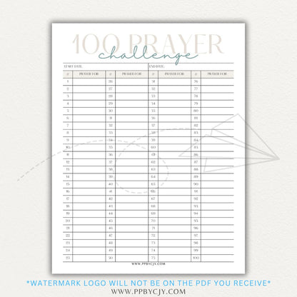 100 Prayer Challenge Printable PDF Template with sections for prayer topics, reflections, and answered prayers, displayed on a wooden desk with a Bible and a cup of tea.