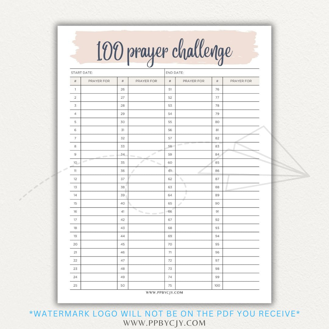 100 Prayer Challenge Printable PDF Template with sections for prayer topics, reflections, and answered prayers, displayed on a wooden desk with a Bible and a cup of tea.