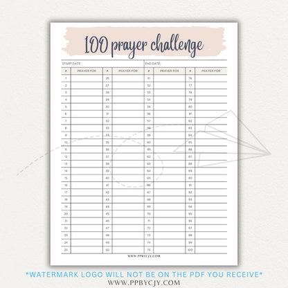 100 Prayer Challenge Printable PDF Template with sections for prayer topics, reflections, and answered prayers, displayed on a wooden desk with a Bible and a cup of tea.