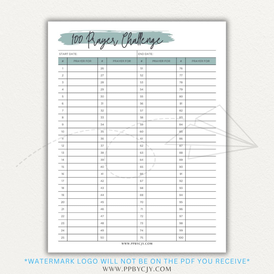 100 Prayer Challenge Printable PDF Template with sections for prayer topics, reflections, and answered prayers, displayed on a wooden desk with a Bible and a cup of tea.