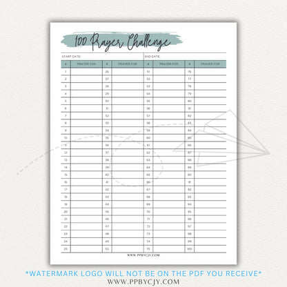 100 Prayer Challenge Printable PDF Template with sections for prayer topics, reflections, and answered prayers, displayed on a wooden desk with a Bible and a cup of tea.