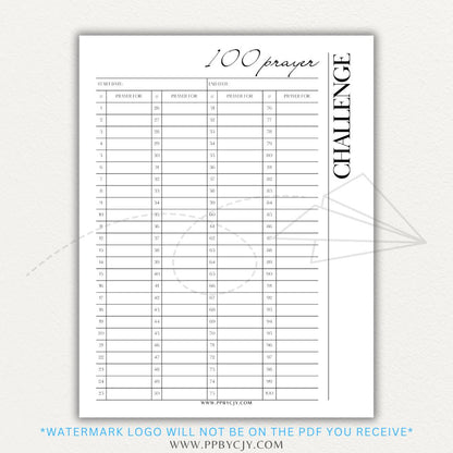 100 Prayer Challenge Printable PDF Template with sections for prayer topics, reflections, and answered prayers, displayed on a wooden desk with a Bible and a cup of tea.