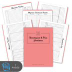 Pink notebook with migraine tracker pages on a white background