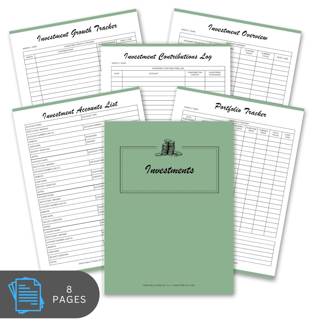 Set of investment tracking sheets with a green cover on a white background