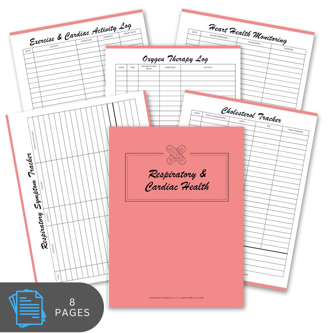 Pink notebook with respiratory and cardiac health tracking pages on a white background
