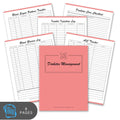 Diabetes management notebook with various tracking pages on a white background