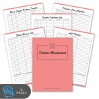 Diabetes management notebook with various tracking pages on a white background