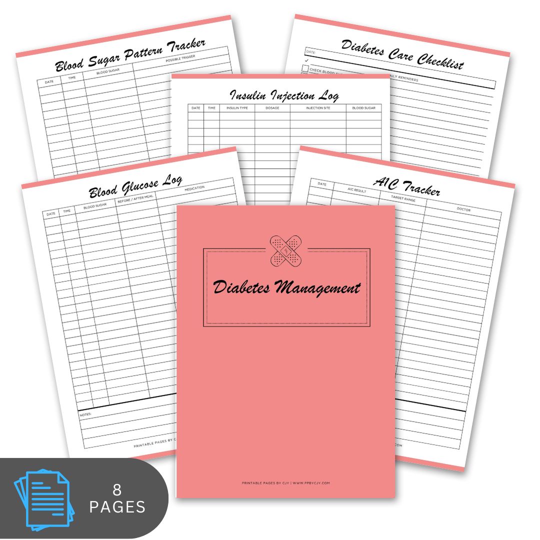 Diabetes management notebook with various tracking pages on a white background