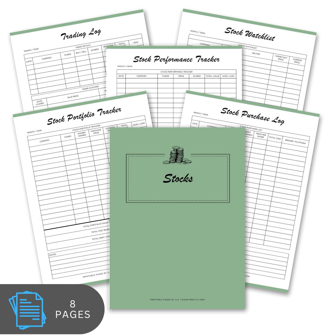 Set of stock tracking sheets with a green cover on a white background