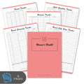 Set of women's health tracking sheets with a pink cover on a white background