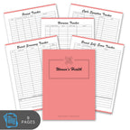 Set of women's health tracking sheets with a pink cover on a white background