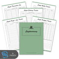 Set of cryptocurrency tracking sheets with a green cover on a white background
