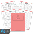 Pregnancy planning workbook with various worksheets on a white background