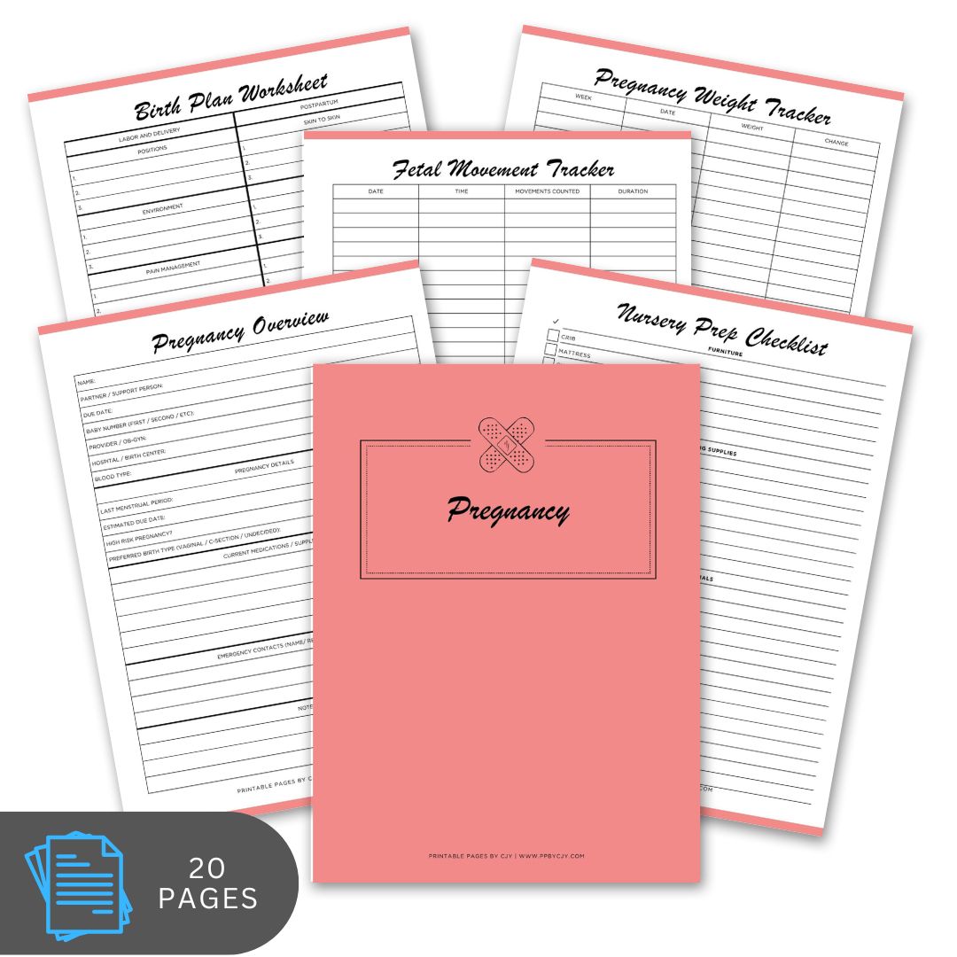 Pregnancy planning workbook with various worksheets on a white background