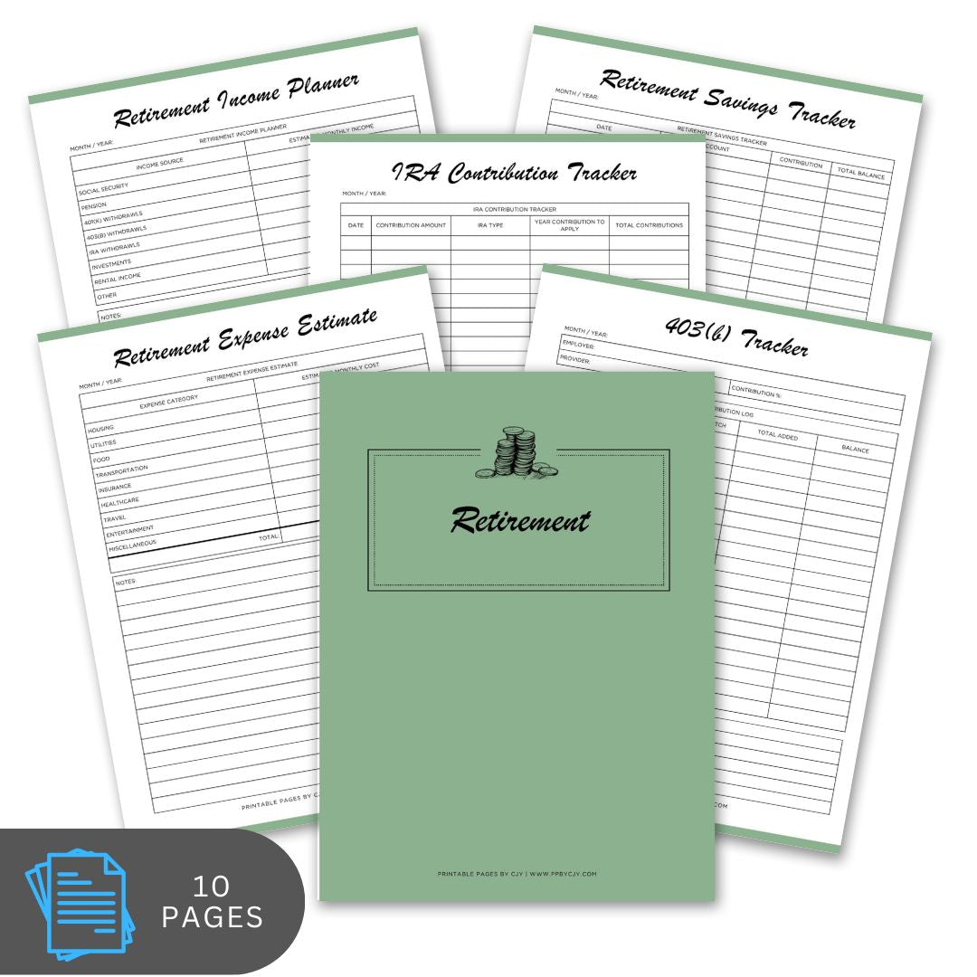 Set of retirement planning worksheets with a green cover on a white background