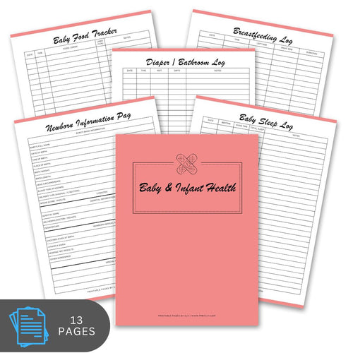 Baby and infant health tracking sheets with a pink cover on a white background