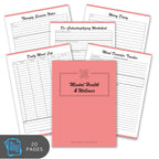 Set of mental health and wellness worksheets with a pink cover on a white background
