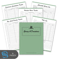 Set of donation and volunteer tracking sheets with a green cover on a white background