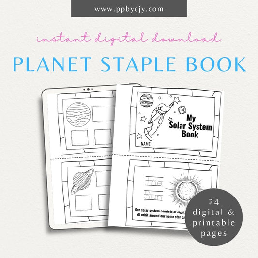 Solar System Staple Book Printable Template – Digital download for creating a staple-bound book with educational content and illustrations about the solar system