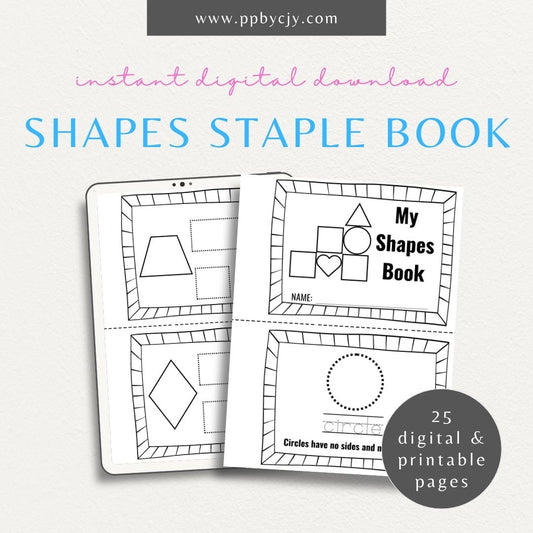 Educational Learning Shapes Staple Book Printable Template – Digital download for teaching and organizing information about shapes, including activities and exercises for learning.