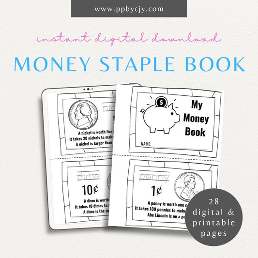 Educational Money Staple Book Printable Template – Digital download for teaching and organizing information about money, including basic concepts and practice exercises.