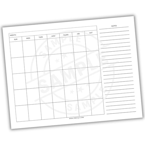 Blank calendar sheet with days of the week and notes section on a white background
