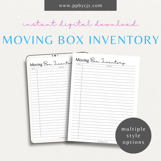 Moving Box Inventory Printable Template – Digital download for cataloging and tracking the contents of each moving box, including descriptions and locations.